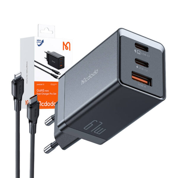 Mcdodo CH-1544 GaN wall charger, 2x USB-C, 1x USB, 67W + USB-C to USB-C cable (black) - Image 4