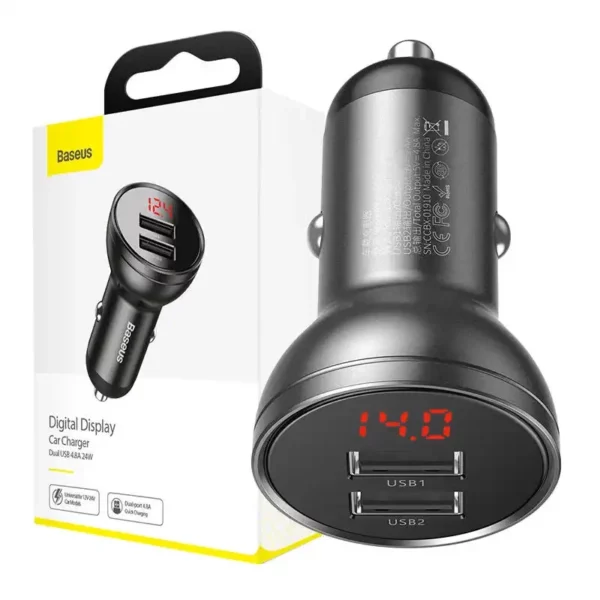 Ładowarka samochodowa Baseus z wyświetlaczem, 2x USB, 4,8A, 24W (szara) - Image 8