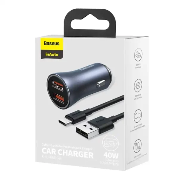 Ładowarka samochodowa Baseus Golden Contactor Pro, 2x USB, 40W (szara) + kabel USB do USB-C 1m (czarny) - Image 9