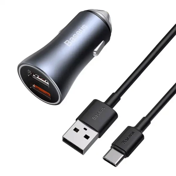 Ładowarka samochodowa Baseus Golden Contactor Pro, 2x USB, 40W (szara) + kabel USB do USB-C 1m (czarny) - Image 4