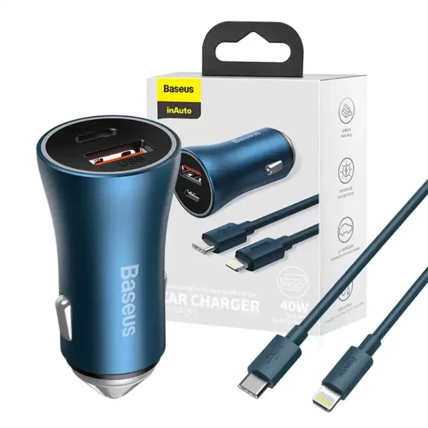 Baseus Golden Contactor Pro car charger, USB + USB-C, QC4.0+, PD, SCP, 40W (blue) + USB-C - Lightning cable 1m (blue) - Image 10