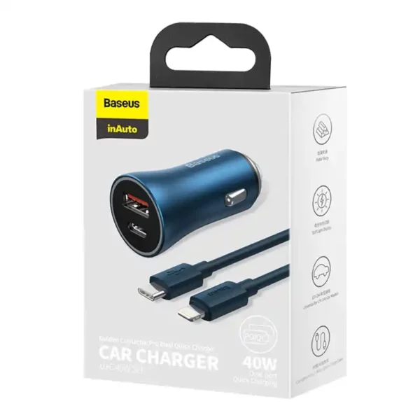 Baseus Golden Contactor Pro car charger, USB + USB-C, QC4.0+, PD, SCP, 40W (blue) + USB-C - Lightning cable 1m (blue) - Image 8