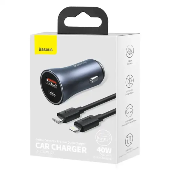 Ładowarka samochodowa Baseus Golden Contactor Pro, USB + USB-C, QC4.0+, PD, SCP, 40W (szara) + kabel USB-C do iP 1m (czarny) - Image 8