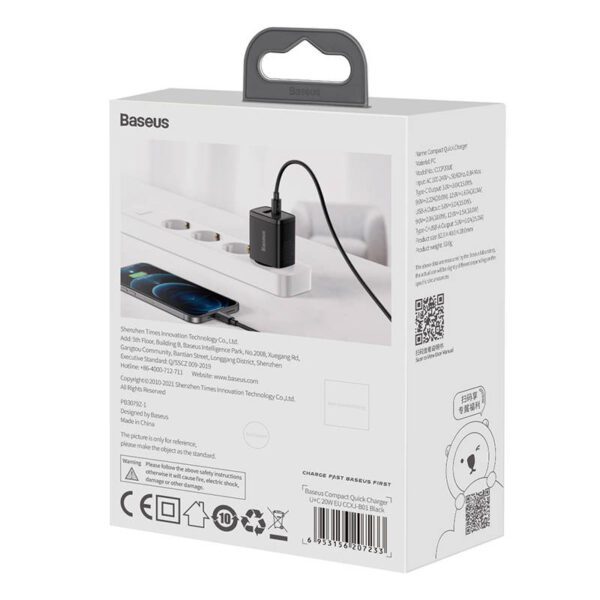 Baseus Compact Quick Charger, USB, USB-C, 20W (black) - Image 8