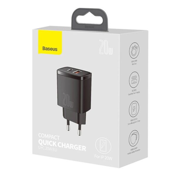Baseus Compact Quick Charger, USB, USB-C, 20W (black) - Image 7
