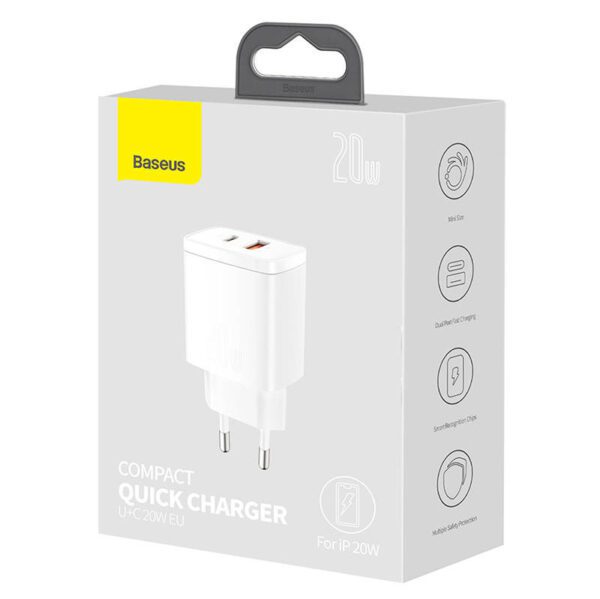 Baseus Compact Quick Charger, USB, USB-C, 20W (white) - Image 7