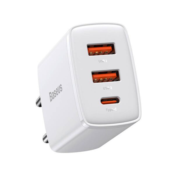 Ładowarka sieciowa Baseus Compact Quick Charger, 2xUSB, USB-C, PD, 3A, 30W (biała) - Image 2