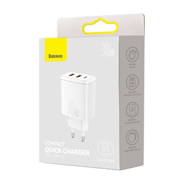 Ładowarka sieciowa Baseus Compact Quick Charger, 2xUSB, USB-C, PD, 3A, 30W (biała) - Image 6