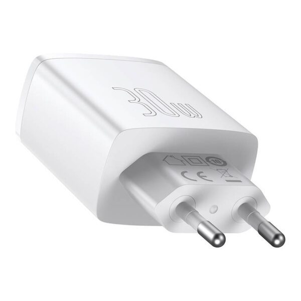 Ładowarka sieciowa Baseus Compact Quick Charger, 2xUSB, USB-C, PD, 3A, 30W (biała) - Image 4