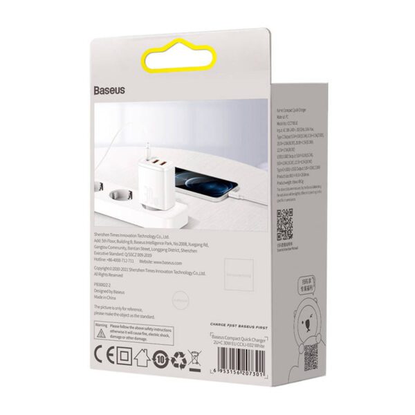 Ładowarka sieciowa Baseus Compact Quick Charger, 2xUSB, USB-C, PD, 3A, 30W (biała) - Image 7