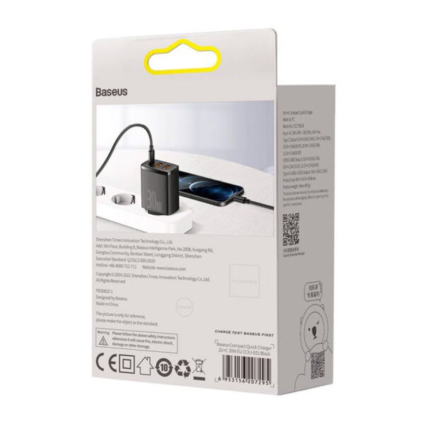 Charger Baseus Compact Quick Charger, 2xUSB, USB-C, PD, 3A, 30W (czarna) - Image 7