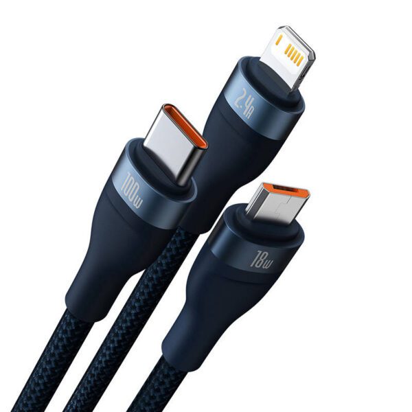 3in1 USB cable Baseus Flash Series, USB-C + micro USB + Lightning, 100W, 1.2m (blue) - Image 8