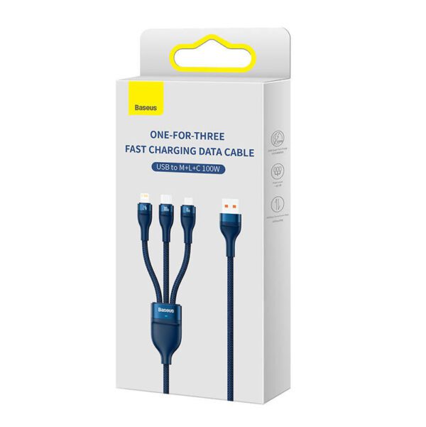 3in1 USB cable Baseus Flash Series, USB-C + micro USB + Lightning, 100W, 1.2m (blue) - Image 7