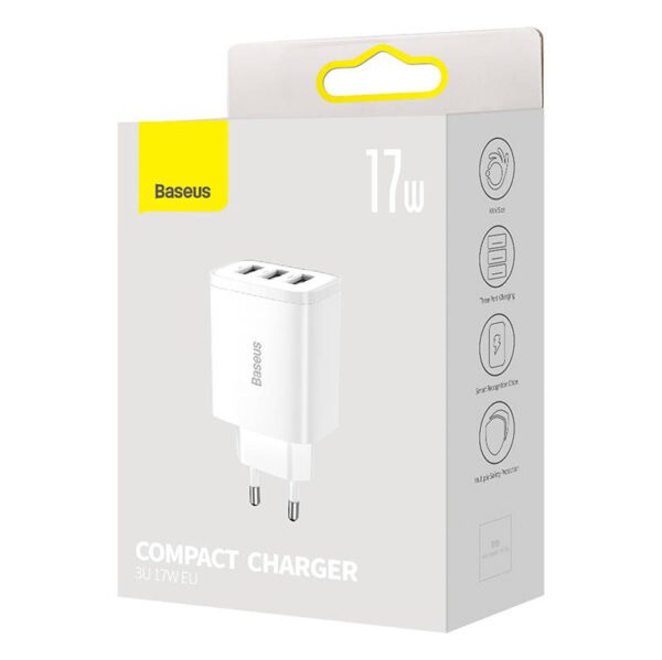 Baseus Compact Quick Charger, 3x USB, 17W (White) - Image 7