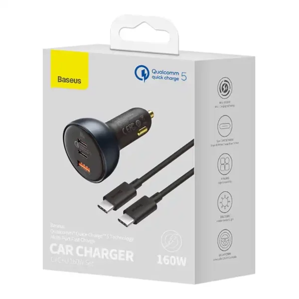 Car Charger Baseus Qualcomm, USB, 2x USB-C, 160W (Grey) - Image 7