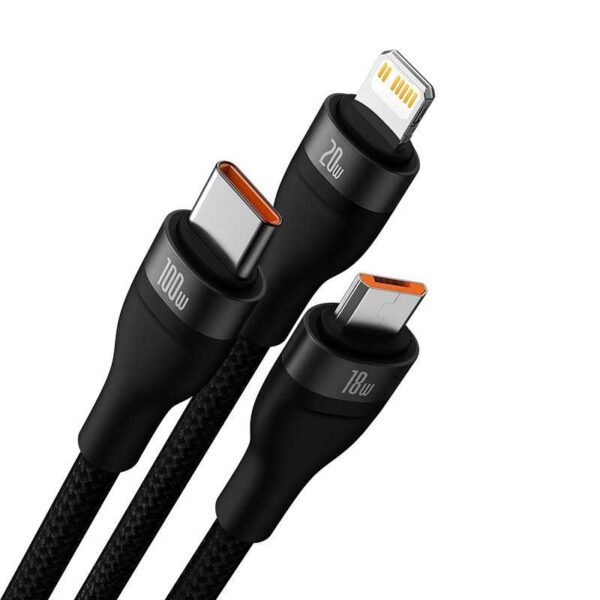 3in1 USB cable Baseus Flash Series 2, USB-C + micro USB + Lightning, 100W, 1.2m (black) - Image 7