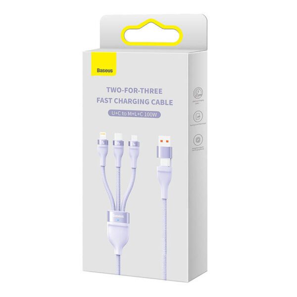 3in1 USB cable Baseus Flash Series 2, USB-C + micro USB + Lightning, 100W, 1.2m (purple) - Image 5