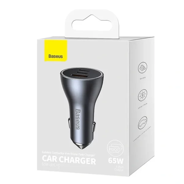 Car charger Baseus Golden Contactor Pro, 2x USB-C, 1x USB, 65W (grey) - Image 7