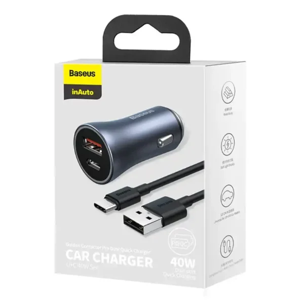 Ładowarka samochodowa Baseus Golden Contactor Pro, USB + USB-C, QC4.0+, PD, SCP, 40W (szara) + kabel USB do USB-C 1m (czarny) - Image 8