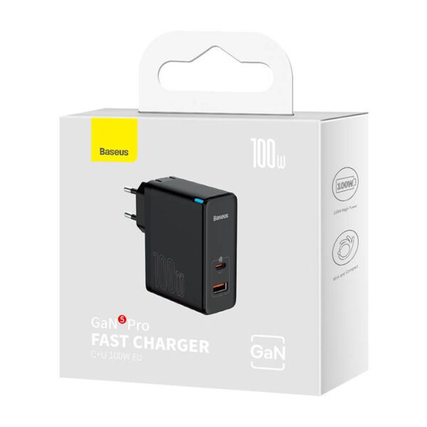 Wall charger Baseus GaN USB-C + USB, 100W + 1m cable (black) - Image 8