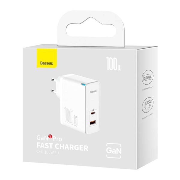 Wall charger Baseus GaN5 Pro USB-C + USB, 100W + 1m cable (white) - Image 6