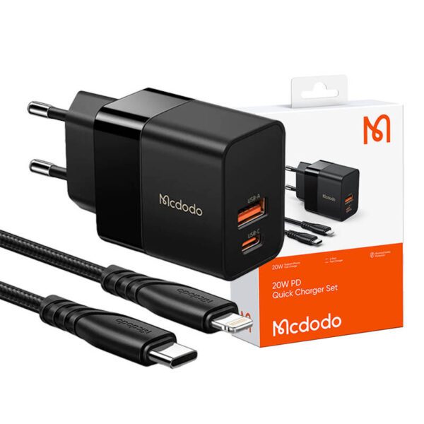 Wall charger Mcdodo CH-1952 USB + USB-C, 20W + USB-C to Lightning cable (black) - Image 2