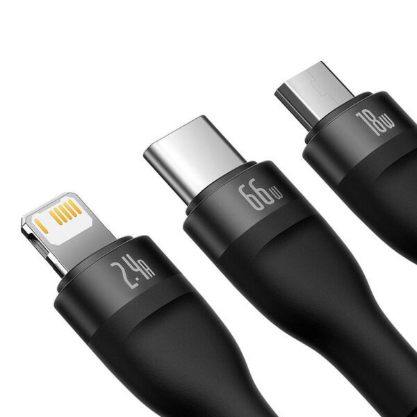3in1 USB cable Baseus Flash II Series, USB-C + micro USB + Lightning, 66W, 1.2m (Black) - Image 4