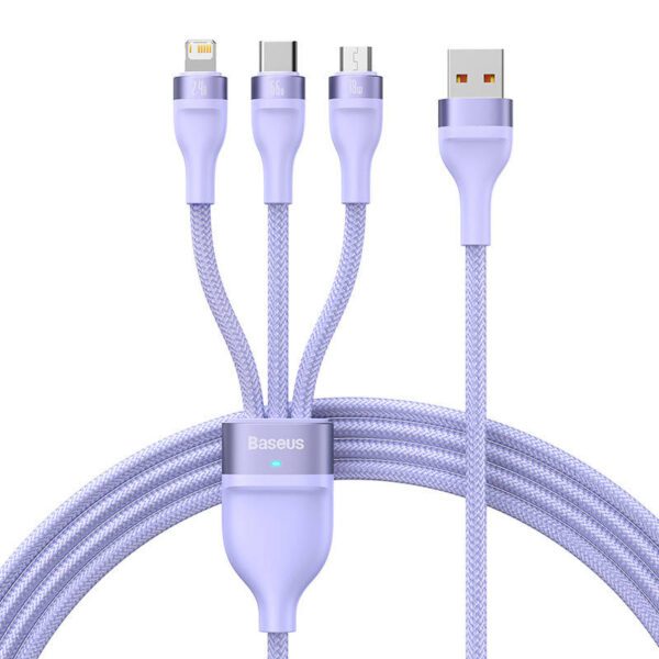 3in1 USB cable Baseus Flash II Series, USB-C + micro USB + Lightning, 66W, 1.2m (Purple) - Image 2