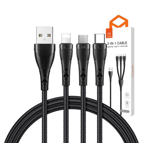 3in1 USB to USB-C / Lightning / Micro USB Cable, Mcdodo CA-6960, 1.2m (Black) - Image 3