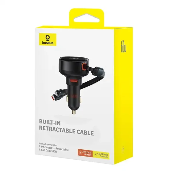 Car Charger Baseus Enjoyment USB with USB-C cable and Lightning  60W (black) - Image 8