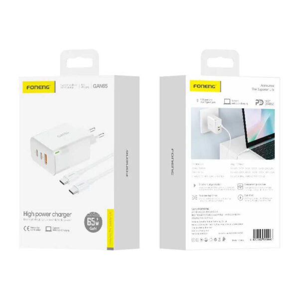 Charger Foneng GAN65 USB-A, 2x USB-C GaN 65W with USB-C cable - Image 2