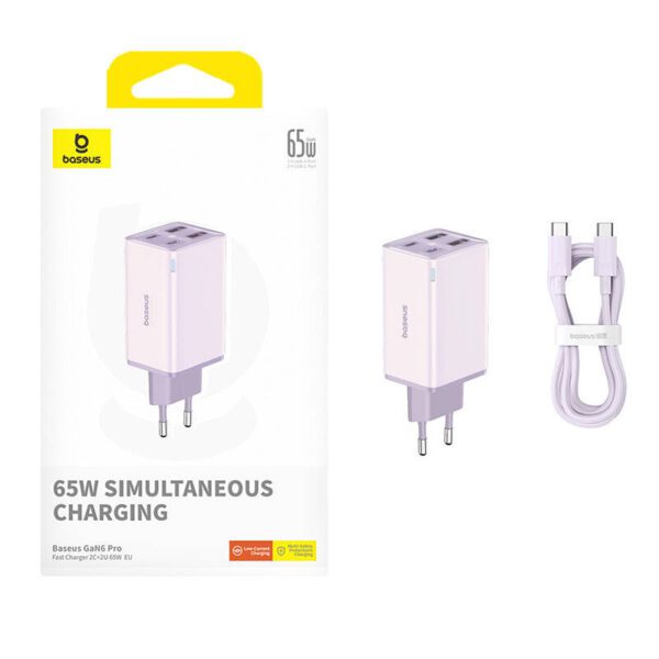 Baseus GAN6 Pro Fast Charger, 2xUSB-C + 2xUSB, 65W (purple) - Image 4