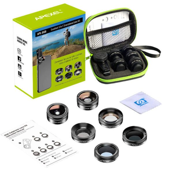 Mobile lens kit APEXEL APL-DG6V2 6 in 1 universal (black) - Image 2