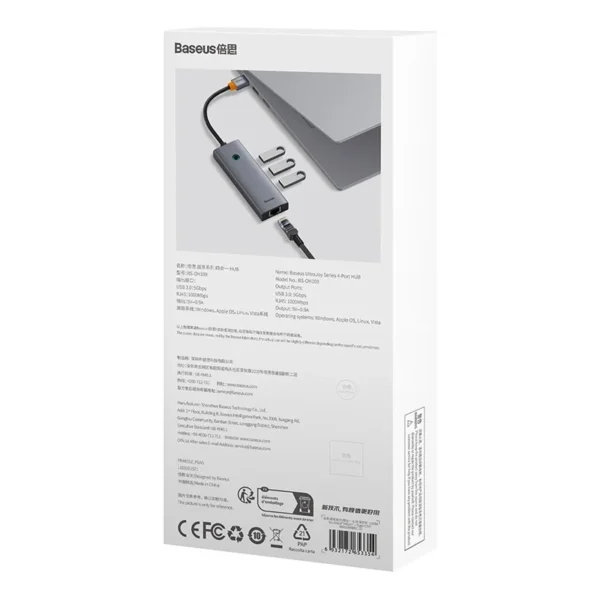 Hub Baseus UltraJoy Series Lite 4-Port (USB to USB 3.0*3+RJ45*1+USB-C 5V) (gray) - Image 9