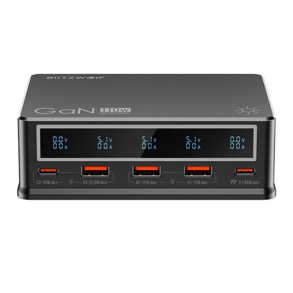Desktop Charger Blitzwolf BW-i9 110W PD 3xUSB-A, 2xUSB-C (black) - Image 2