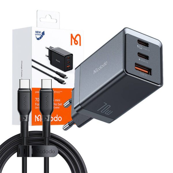GaN Mcdodo CH-1543 network charger, 2x USB-C, 1x USB, 67W + USB-C to USB-C 2m cable (black) - Image 4