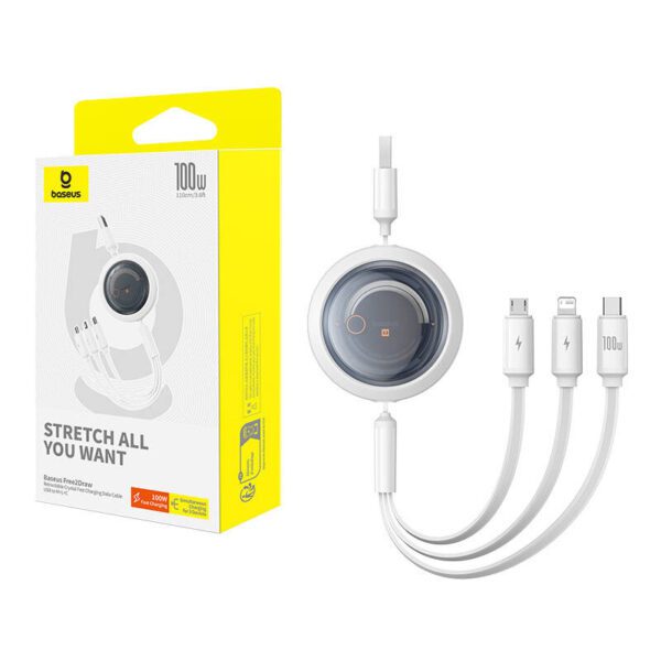 3-in-1 Baseus Free2Draw USB to M+L+C 100W cable, 1.1 m (white) - Image 8