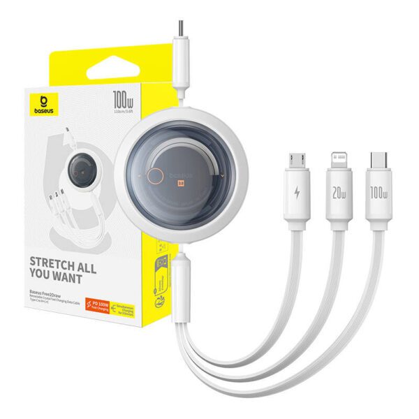 Fast Charging Cable 3in1 Baseus Free2Draw USB-C to USB-C/Lightning/Micro 100W, 1,1m (white) - Image 9