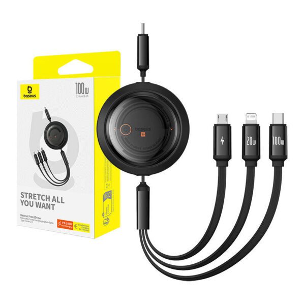 Fast Charging Cable 3in1 Baseus Free2Draw USB-C to USB-C/Lightning/Micro 100W, 1,1m (black) - Image 9