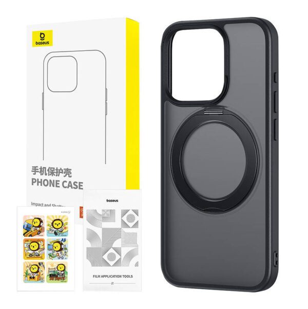 Phone Case with Stand Baseus SkyRing 360° for iP 15 +tempered-glass and cleaning kit (black) - Image 4
