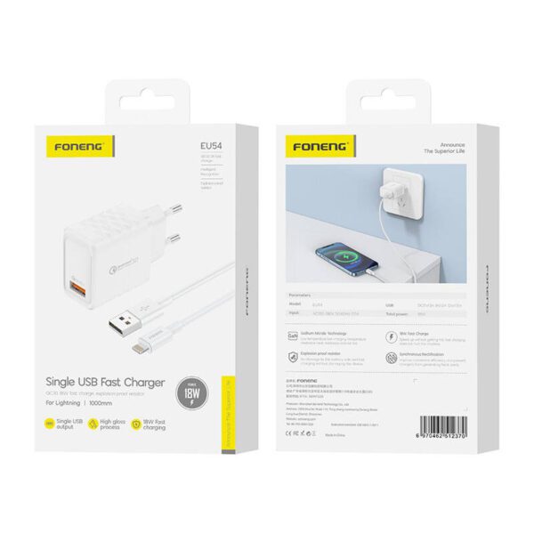 Foneng EU54 18W USB-A, 3A mains charger (White) + USB-A to Lightning cable - Image 3