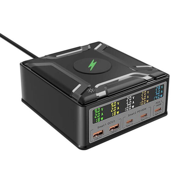Blitzwolf BW-S28 260W, 2xUSB-A, 3xUSB-C, 15W wireless charger (black) - Image 2