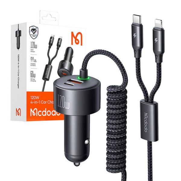 Mcdodo CC-0370 car charger, USB-C, Lightning, 120W, retractable cables - Image 5