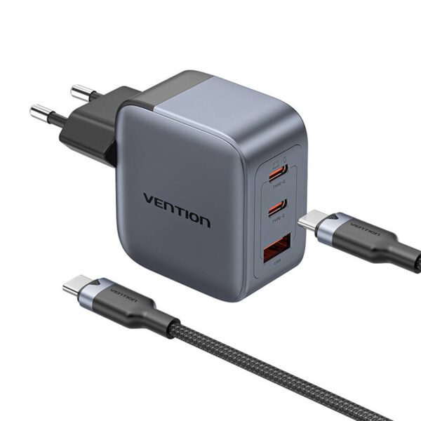 GaN Vention USB-C+C+A 70W Charger + USB-C-C Cable 1m (Gray) - Image 2