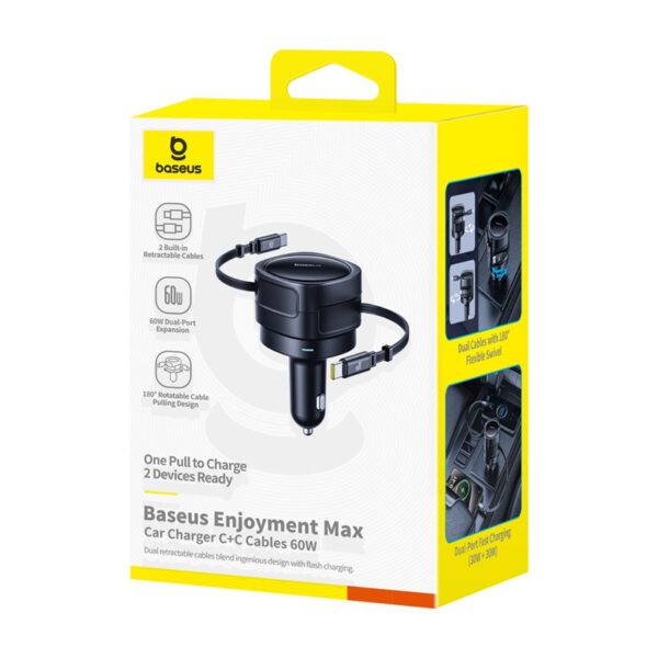 Baseus Enjoyment Max car charger with USB-C+USB-C cables 60W Black - Image 7