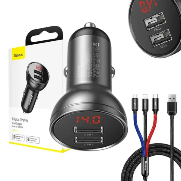 Ładowarka samochodowa Baseus z wyświetlaczem 24W + kabel USB 3w1 Baseus Three Primary Colors 1,2m - Image 4