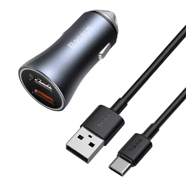 Baseus Golden Contactor Pro Car Charger 2x USB, 40W (gray) +  Cable USB to USB-C 1m (black) - Image 4