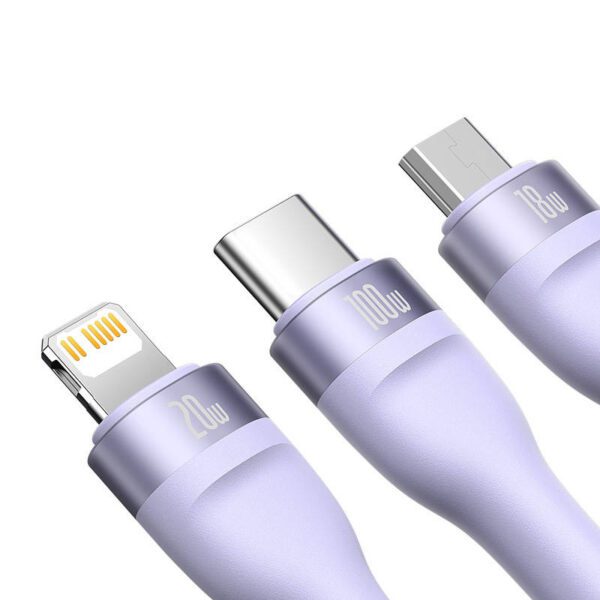 Kabel USB 3w1 Baseus Flash Series 2, USB-C + micro USB + Lightning, 100W, 1.5m (fioletowy) - Image 4