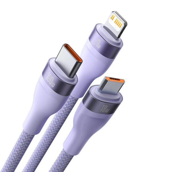 Kabel USB 3w1 Baseus Flash Series 2, USB-C + micro USB + Lightning, 100W, 1.5m (fioletowy) - Image 3