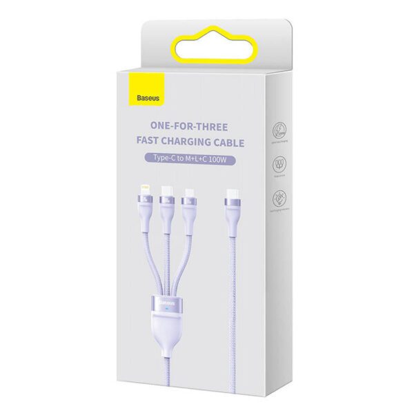Kabel USB 3w1 Baseus Flash Series 2, USB-C + micro USB + Lightning, 100W, 1.5m (fioletowy) - Image 6